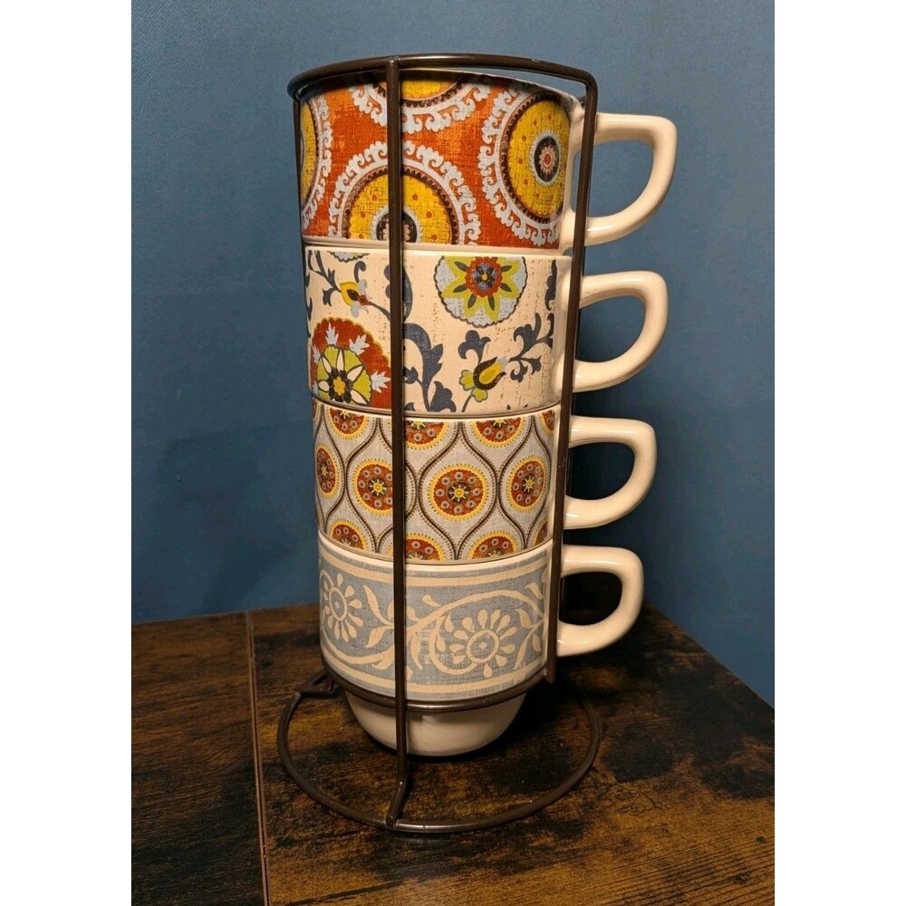 Vtg Pier 1 One Imports 4 Stackable Coffee Tea Mugs Cups w/Metal Rack Retro